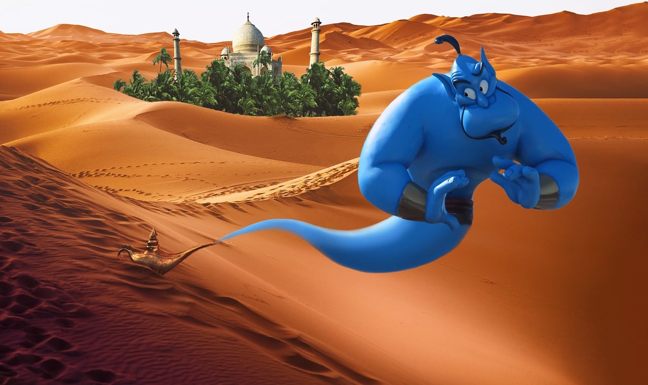 The blue Genie in the desert coming out from a lamp in the movie ‘Alladin’