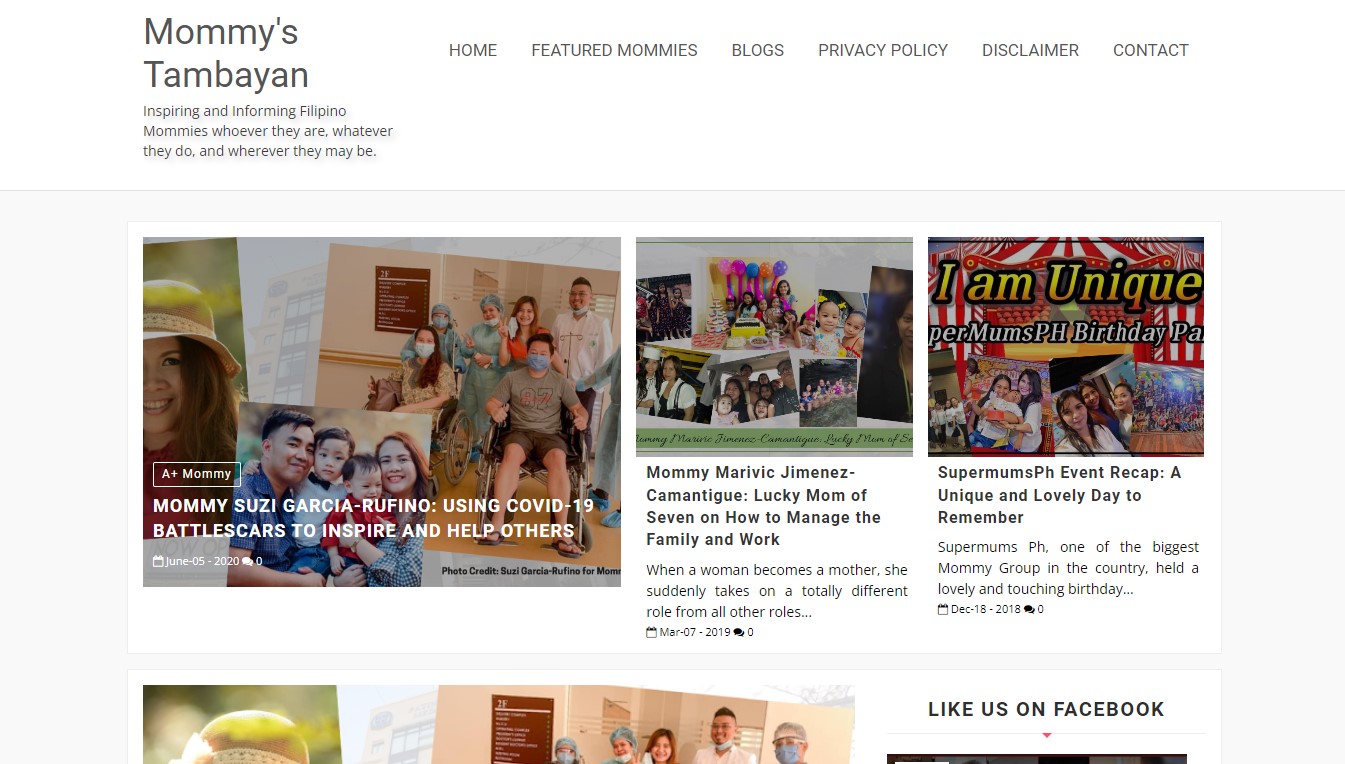Homepage of mommy blog Mommy’s Tambayan, with pictures of different mothers with their families