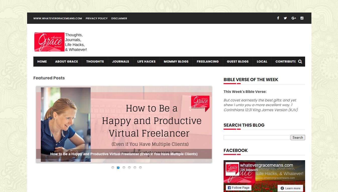 Homepage of whatevergracemeans.com, with an article titled ‘How to be a Happy and Productive Virtual Freelancer’